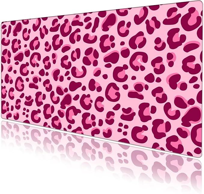 Pink Leopard Desk Pad Protector, Stitched Edges Mouse Pad, Large Office Desk Mat, Non-Slip Desk Blotter, Laptop Desk Pad, Desk Writing Pad for Office and Home (31.5" x 15.7 ")