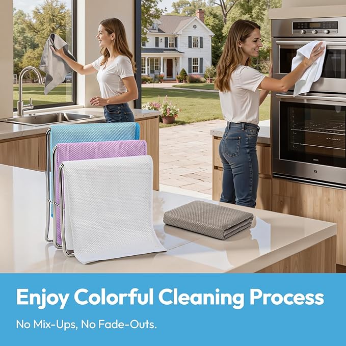 Nanoscale Microfiber Cloths 15.55”x 15.55”, Glass Window Mirror Stainless Steel Car Cleaning, Streak-Free, Lint-Free, Super Thick & Absorbent, Reusable, 6 Pack (White/Blue/Purple)