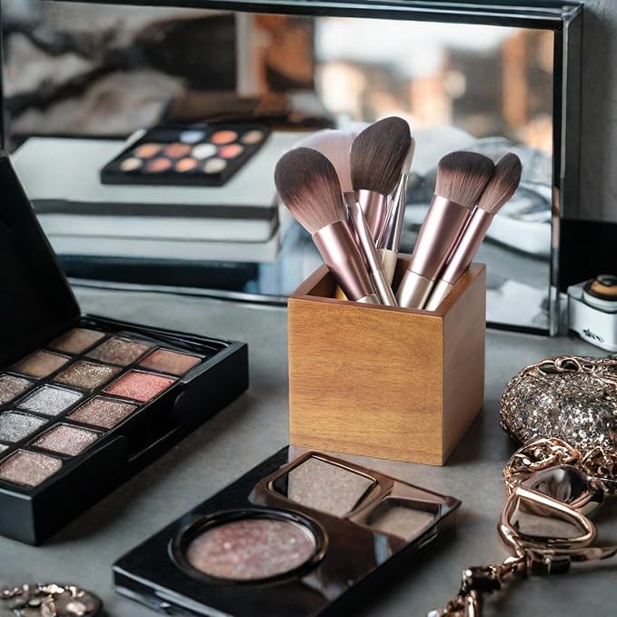 Acacia Wood Makeup Brush Holder Organizer for Vanity,Pen and Pencil Holder for Desk,Desktop Organizer for Store Marker, Makeup Brush, TV Remotes