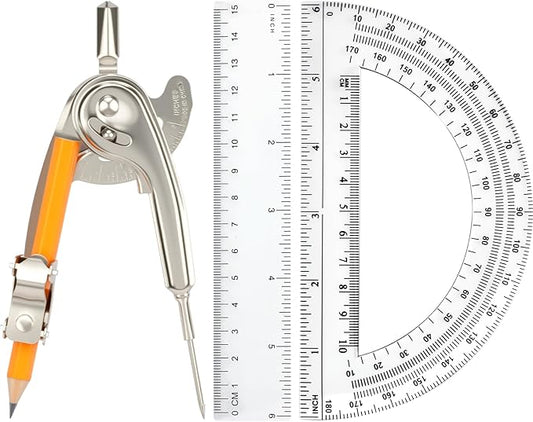 4 Pieces Geometry Math Set Compass for Geometry Math Compass and Protractor Set Include Metal Compass with Pencil Plastic Ruler and Protractor for Student School Office Woodworking Drawing Tools