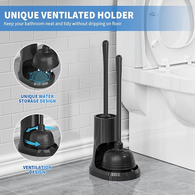 uptronic Toilet Plunger and Brush, Bowl Brush and Heavy Duty Toilet Plunger Set with Holder, 2-in-1 Bathroom Cleaning Combo with Modern Caddy Stand for for 5.7-inch Toilet Drain Bathroom Cleaning