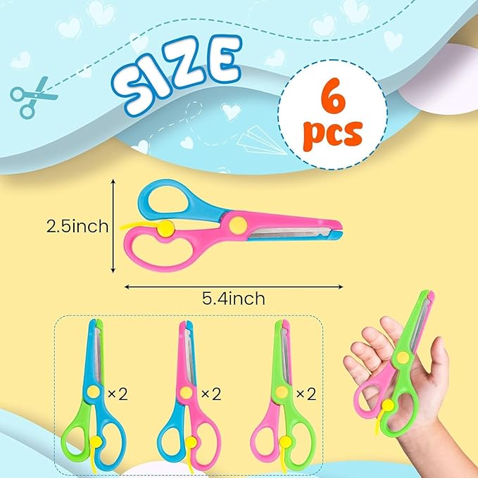 LOVESTOWN Kids Safety Scissors, 6PCS Blunt Tip Scissors for School with Comfort Grip & Steel Blades, Anti-Pinch Design for Back to School, Classroom Children's Paper Cutting, Ideal for Art Craft