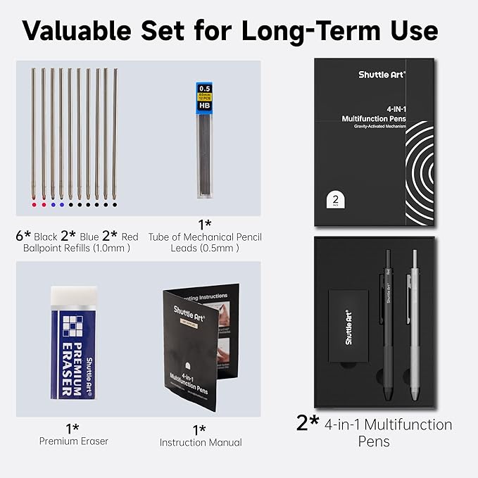 Shuttle Art 4 in 1 Multicolor Pen, 2 Pack Retractable Ballpoint Pens with 1.0mm Black Blue Red Ink and 0.5mm Mechanical Pencil, Multifunction Pens Gift Set for Writing Note Taking School Office Home