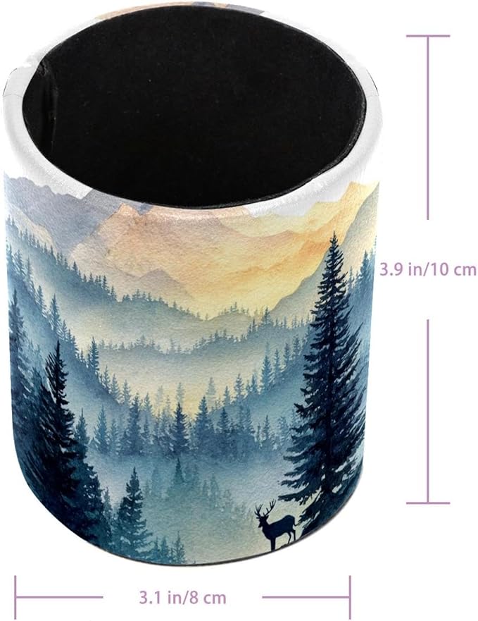 Watercolor Mountain Deer PVC Leather Circular Pencil Holder for Desk Organizer Stationery Holder for Office, School(3.9 x 3.1 Inches)