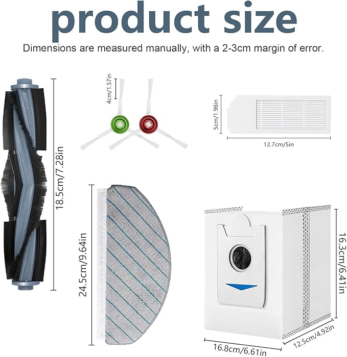 Replacement Part for Ecovacs Deebot T10 Plus Vacuum Cleaner, 2 Main Brushes, 4 Filters, 6 Mop Pads, 5 Dust Bags, 8 Side Brushes, T10 Plus Accessories Kit 25 Pcs Attachment