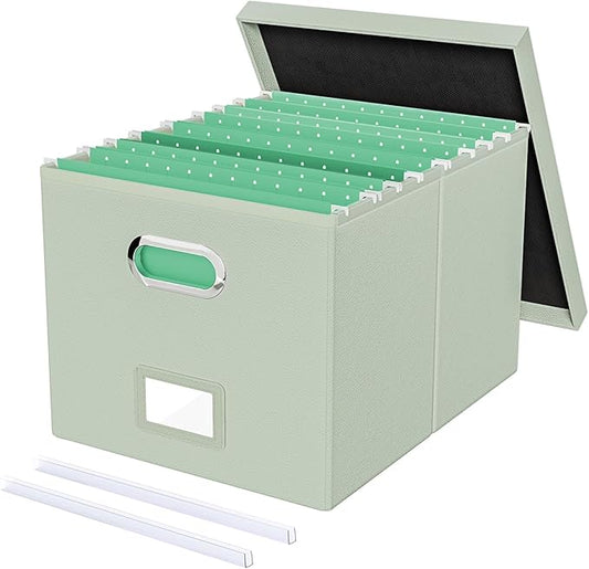 Oterri File Organizer Box,Filing Box with Lid,File Box for Letter/Legal File Folder Storage, Portable Hanging File Box for Office/Decor/Home,1 Pack, Grey-green(Leather),Box only