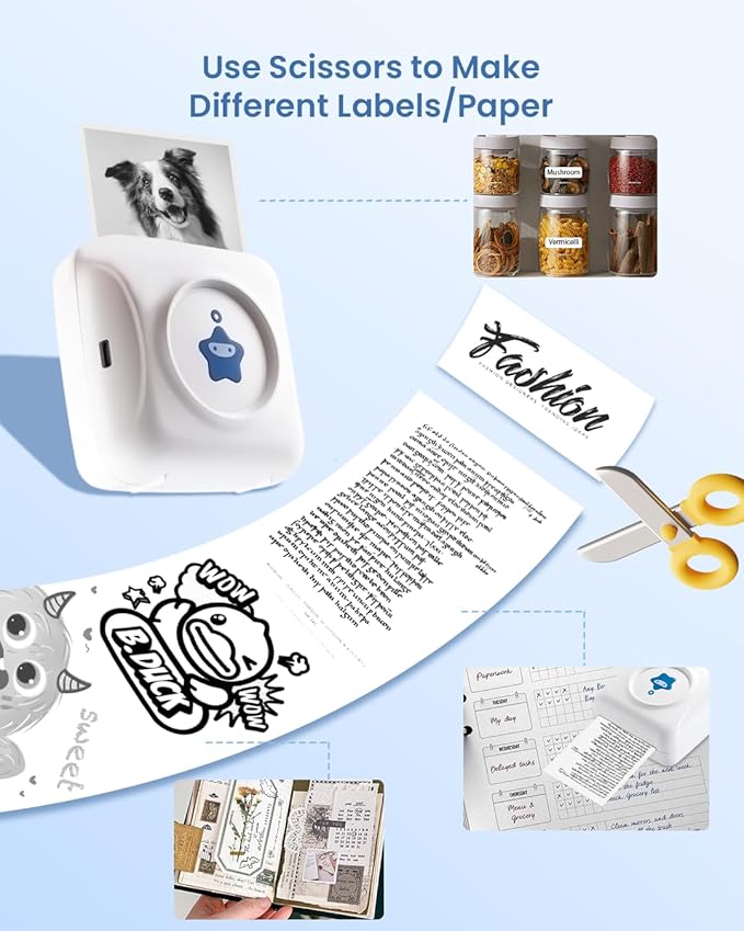 vretti Sticker Printer - TP2-Y Mini Portable Thermal Printer with 10 Rolls Thermal Paper, Inkless Sticker Maker Machine Bluetooth Mini Pocket Printer for iPhone, Study Graphics, Photos, Students