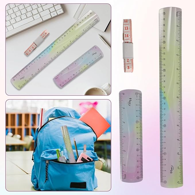 2 PCS Ruler, Kids Ruler, Soft Flexibleruler, Bendable Plasticruler, Single Piece Plastic Construction, with 1 Measuring Tape for School, Classroom, Office, Kids & Adults (5.9 in, 11.8 in)