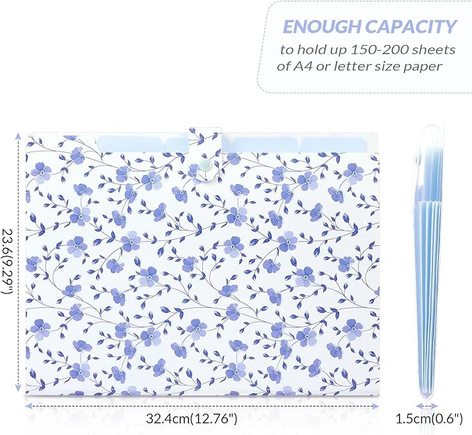 SKYDUE Expanding File Folder with 5 Pockets, Floral Accordion File Organizer for Important Document，Portable Receipt Paper Organizer，School Office Supplies,Blue