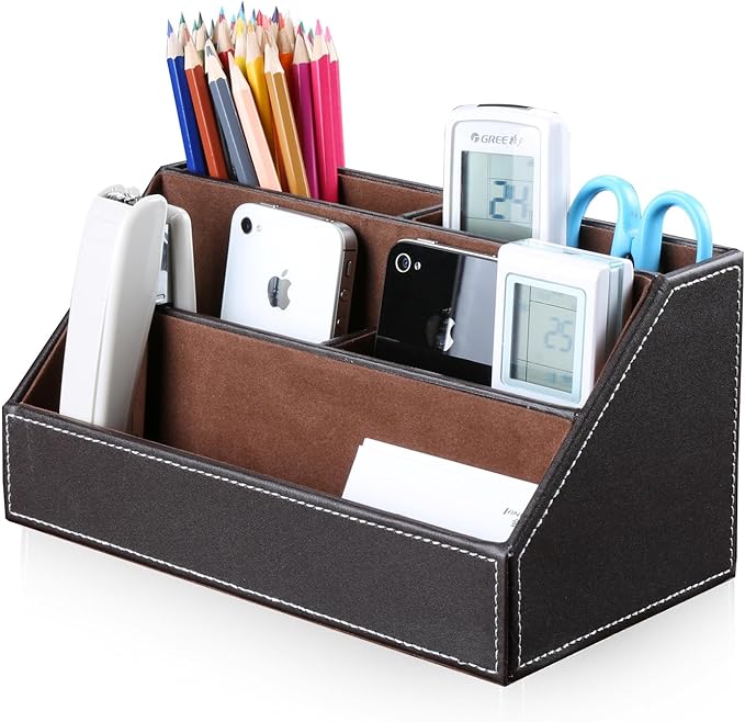 KINGFOM Pu Leather Desk Organizer with 5 Compartments Holder, Multi-Functional Office Supplies Storage Caddy for Pen/Pencil, Phones, Remote Controller and Desktop Accessorie Brown
