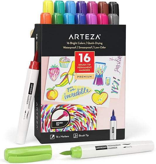 ARTEZA Colored Permanent Markers, Set of 16, Brush Tip Pens