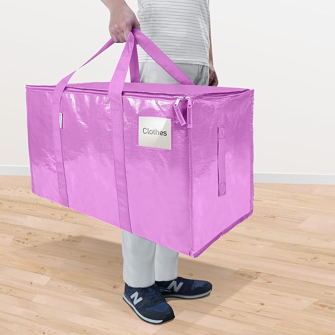TICONN 8 Pack Extra Large Moving Bags with Zippers & Carrying Handles, Heavy-Duty Storage Tote Moving Boxes for Space Saving (8 Pack, Pink)