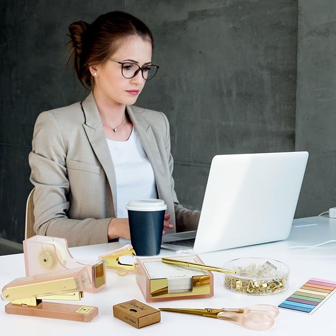 Buqoo Pink Acrylic Sticky Notes Holder Stapler and Tape Dispenser Cutter with Staple Remover, Scissor, Ballpoint Pen, Sticky Notes, Paper Clips Set for School Home N Office Supplies