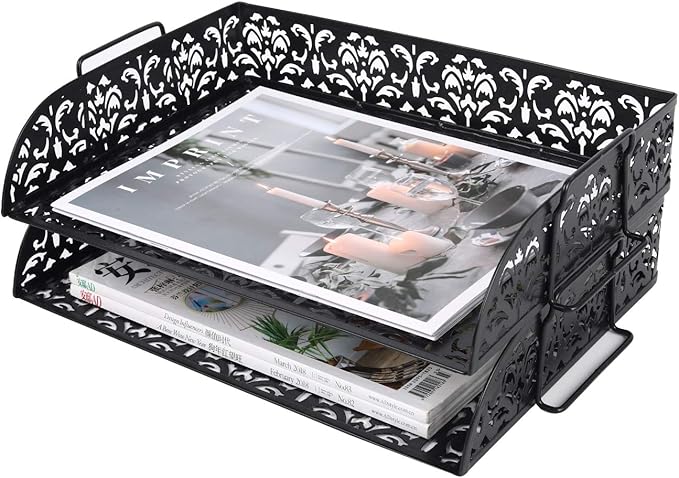 EasyPAG Paper Organizer for Desk 2 Tier Stackable Paper Tray for A4 Legal Size Folders Metal File Storage Desktop Organizer for Home Office School Teacher, Black