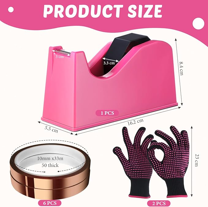 Sabary 9 Pcs Heat Tape Dispenser Set, Sublimation Tapes Dispenser Adhesive Roll Holder 2 Pcs Heat Resistant Gloves with Silicone Bumps 6 Pcs Thermal Tape for Office Home (Rosy)