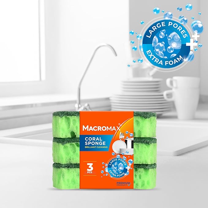 Macromax Coral Sponge – Ergonomic Heavy Duty Scrub Sponge for Kitchen – Large Pores for Extra Foam – Non-Scratch Dish Scrubber for Pots, Pans & Grills, 3-Pieces
