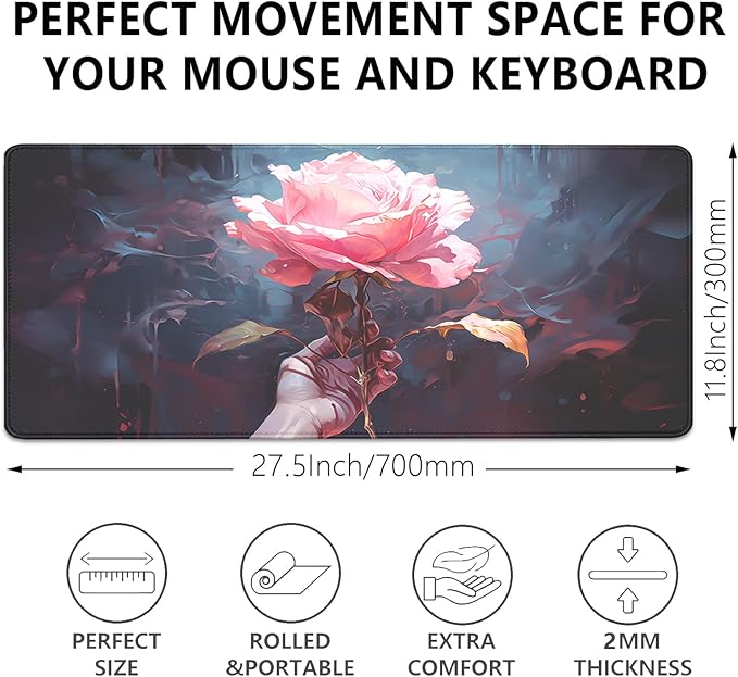 Artistic Flowers Mouse Pad,XL Floral Mousepad Desk Pad with Stitched Edges,Non-Slip Waterproof Rubber Base Mouse Mat Desk Mat for Office Computer Keyboard Laptop Home(27.5x11.8 in)