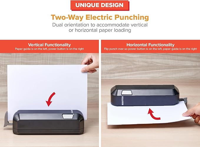 Bostitch Office Electric 3-Hole Punch, Dual Paper Loading, Heavy Duty, Jam-Free 20 Sheet Capacity, AC Adapter or Battery Powered, Space Saving, Black, (EHP20-BLK)