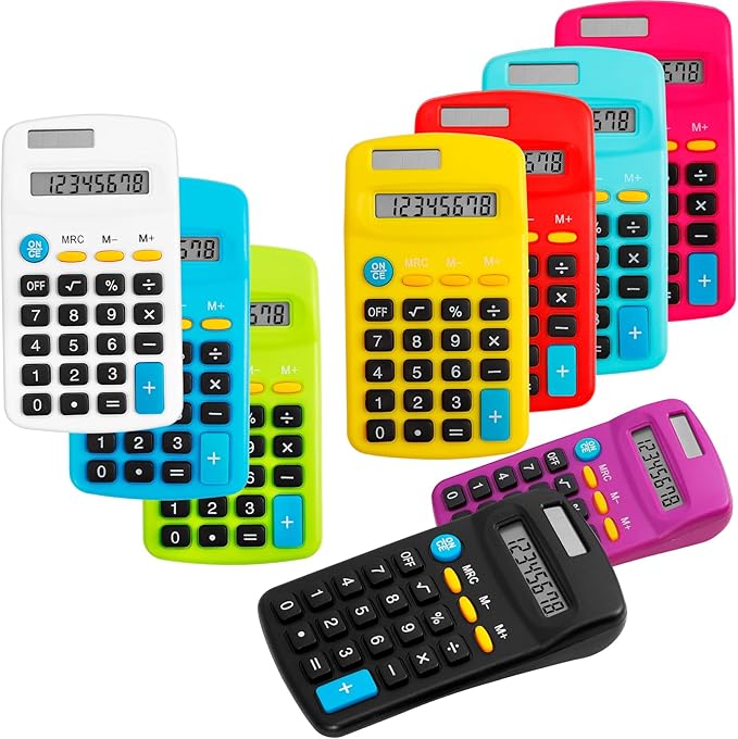 9 Pack Pocket Size Mini Calculator, Solar Battery Dual Power, 8 Digit Display Basic Calculator, Multicolor