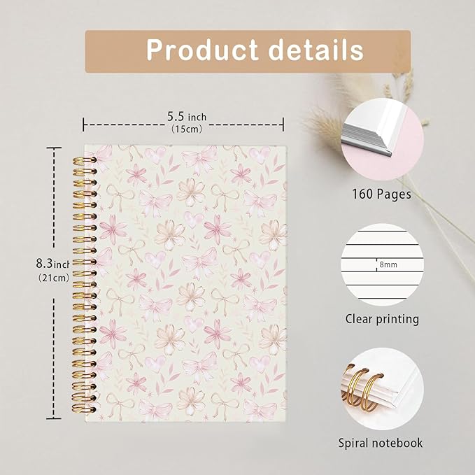 MOFUYU Cute Notebook for Girls,Coquette Bow Hardcover Spiral Notebook,Pastel Yellow Floral Journal A5,Pretty Gift for Teen Girls or Students