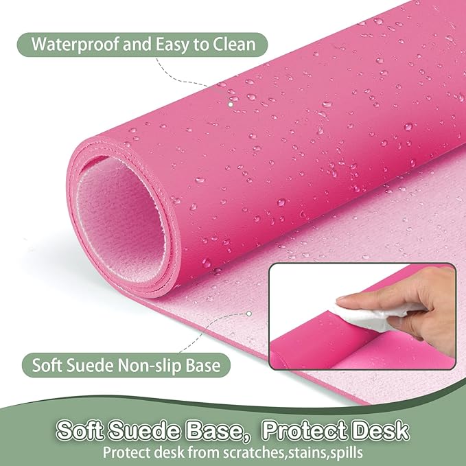 Boutilon Leather Desk Pad Protector,Non-Slip Mouse Pad,Laptop Desk Pad,Office Mouse Mat,Waterproof Leather Desk Blotter,Desk Writing Pad for Office and Home (M-Rose Pink,30"x14")