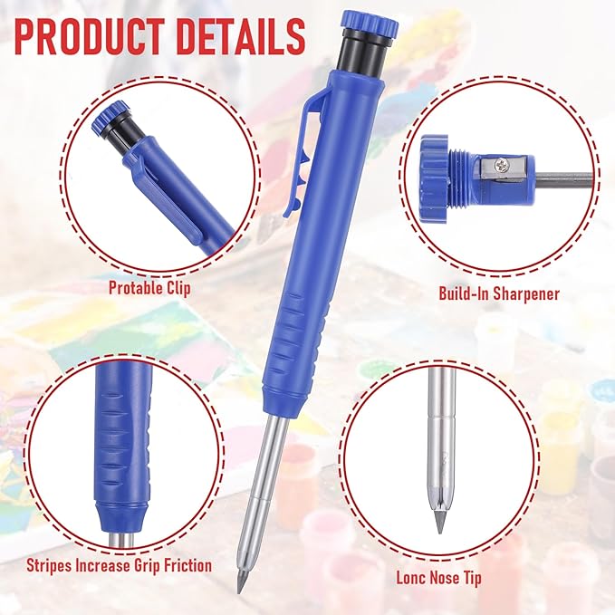 5 Pcs Carpenter Pencil, Woodworking Pencil, Construction Pencils Heavy Duty with 60 Pcs 2.8mm Refills & Built-in Sharpener, Long Nosed Deep Hole Mechanical Marker for Drafting Architect Woodwork