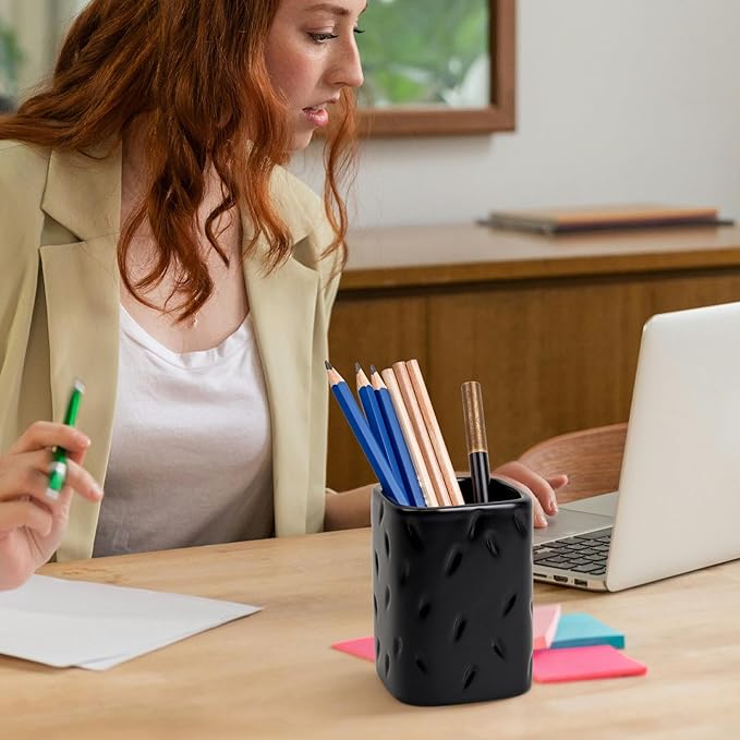 Ceramic Pen Holder for Desk, Makeup Brush Holder, Pencil Holder Stand, Pencil Cup Pot with Raindrop Design, Dual Use Desktop Organizer for Office, Home, School, Vanity