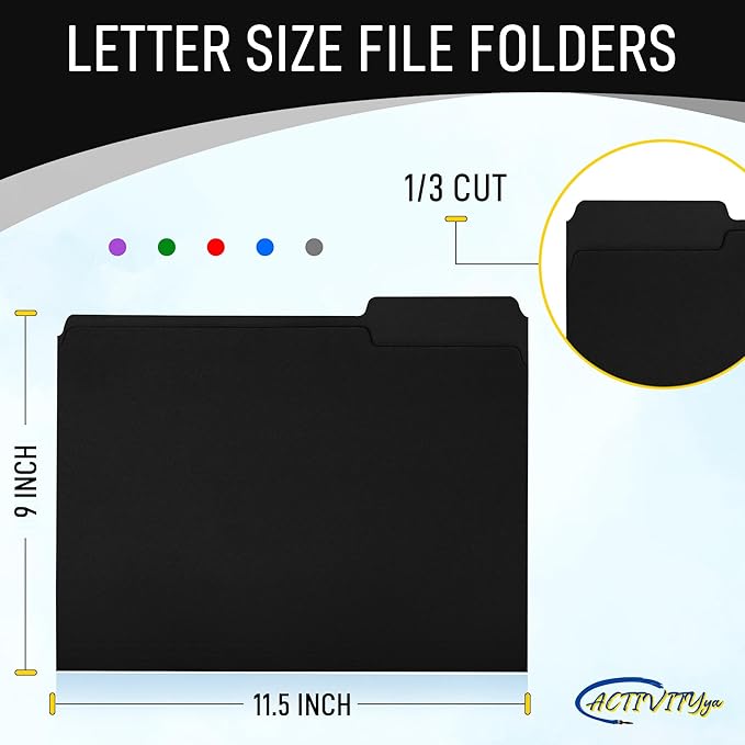 Black File Folders, 1/3-Cut Tabs, Letter Size, 12-Pack – Durable Office Filing Folders for Documents, Papers, and Organization