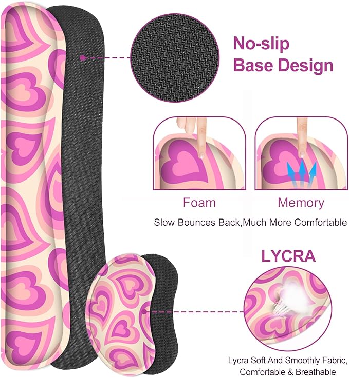 Keyboard Mouse Pad Set, Extended Gaming Mouse Pad +Keyboard Wrist Support +Mouse Wrist Rest +Coaster, 35.4x15.7 in XXL Large Ergonomic Desk Mat 4in1 Set for Home Office, Pink Heart