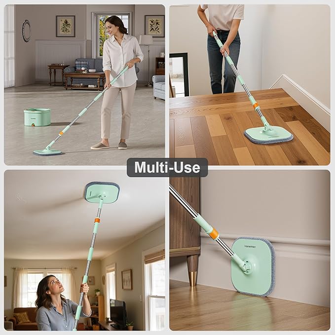 HoMettler Mop and Bucket Set | Spin Mop with Dual-Tank Clean/Dirty Water Separation | 6 Microfiber Pads for Deep-Cleaning Floors | Versatile Mops Triangular Head for Walls