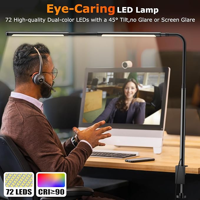 LED Desk Lamp for Home Office, Eye-Caring Desk Light with Adjustable Gooseneck, Dual Screen Computer Monitor Light with Stepless Dimming, Stepless Color Temp, Memory Function for Study, Workbench