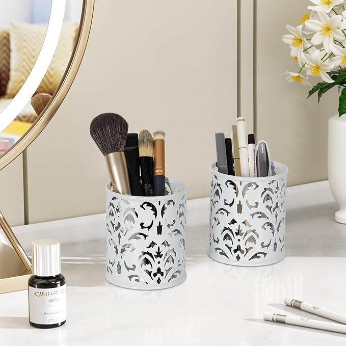 EasyPAG White Pen Holder for Desk 2 Pack Metal Pen Holder Organizer Pencil Cup Holder for Home, Office, Classroom, School