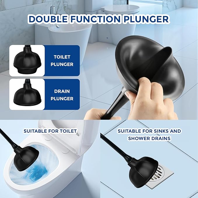 2 in 1 Toilet Brush and Plunger Set - Toilet Brush with Solid Handle, Stand and Holder for Deeply Cleaning in Bathrooms - Plastic Toilet Brush and Holder Set in Black