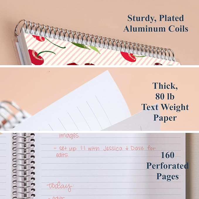Erin Condren 8.5” x 11” Lined Spiral Notebook, College-Ruled Layout with 80 Lb. Paper, Cherry Cover, 160 Lined Notebook Pages, Platinum Coil, Stickers Included