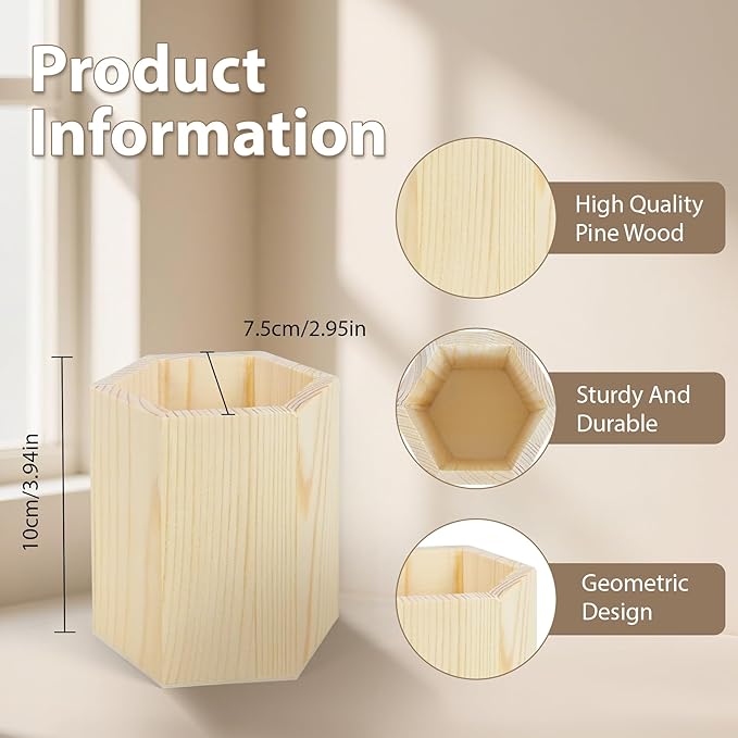 6 Pack Wood Pen Holder Unfinished Wooden Pencil Holder Pine Wood Pen Holder Stand for Desk Office Supplies Makeup Brushes Organizer (Hexagon)