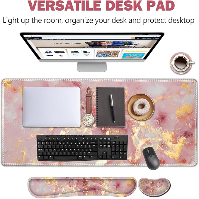 AIMSA Keyboard Mouse Pad Set, Large Gaming Mouse Pad +Wrist Rest Mouse Pad +Keyboard Wrist Support +Coaster, 35x15.7 inch Extended Desk Mat for Easy Typing Pain Relief (Pink Gilt Marble)