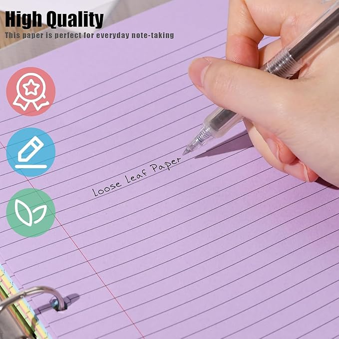 Koogel 100 Sheets Loose Leaf Notebook Paper – 5-Color College Ruled, 3-Hole Punch, 8 x 10.5 Inch for School, Office & Travel Notes