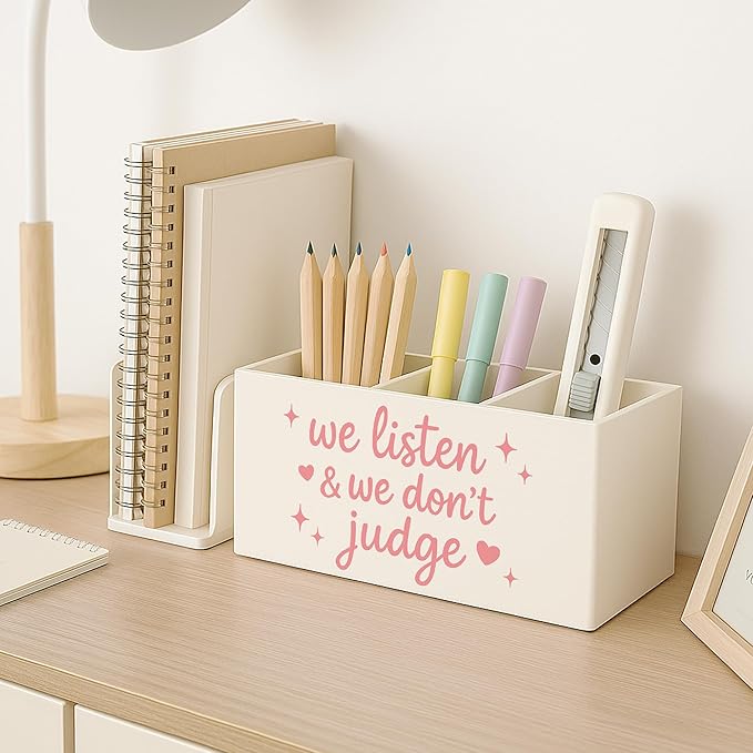Pink Mental Health Wooden Pen Holder for Desk, Therapy Counselor Office Decor Must Haves, We Listen and We Don't Judge Inspirational Pencil Holder for Desk Decor