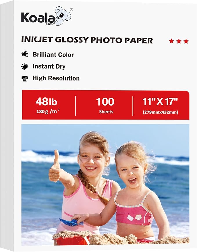 Koala Glossy Inkjet Photo Paper 11X17 Inches 48lb 100 Sheets Professional Glossy Photographic Paper Compatible with Inkjet Printer Use DYE INK 180GSM