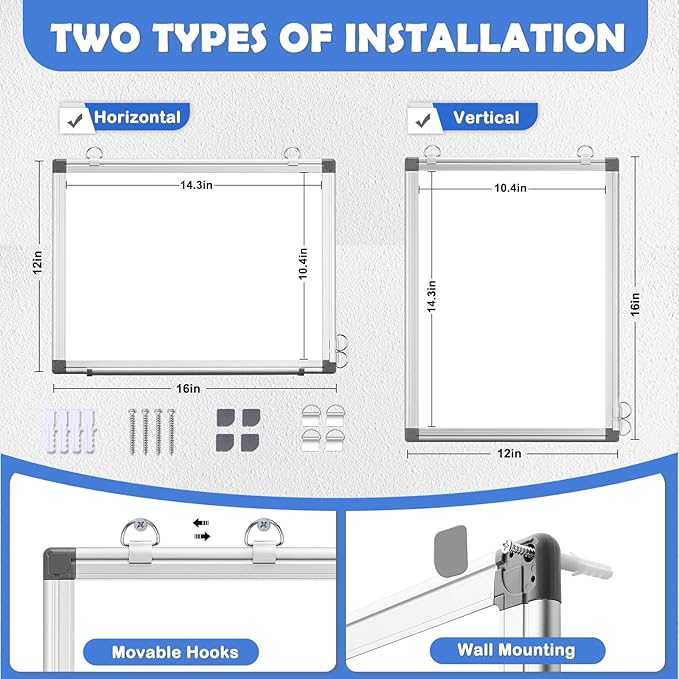 WALGLASS Double-Sided White Board, 16" x 12" Small Dry Erase Board Magnetic Whiteboard for Wall, Hanging Mounted Whiteboard Silver Aluminium Frame for Home, School, Office, Kitchen