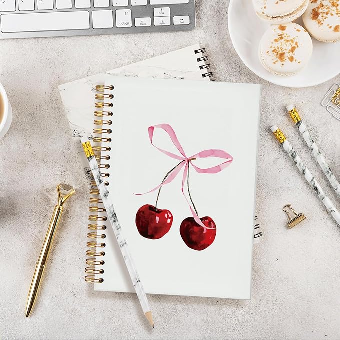 Coquette Pink Bow Cherry Notebook, Preppy Aesthetic Journal for Girls, Cute College Ruled Spiral Planner, Coquette School Supplies & Girly Work Notebook for Women, 5.5x8.3 Inch