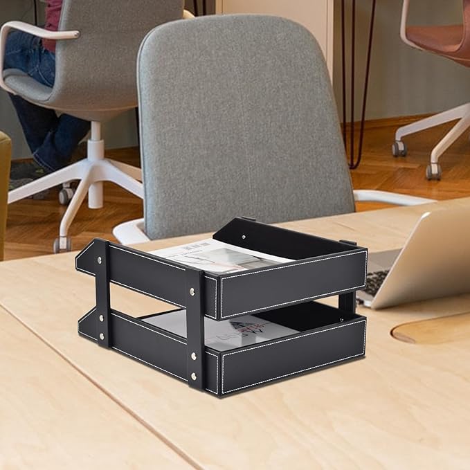 Leather Desk Organizer,2-Tier Stackable Letter Tray Holder,Office Supplies Desktop Storage Box for Document,Stationery,Magazines,Newspapers,Letters and Other Home Office Paper Sundries,Black