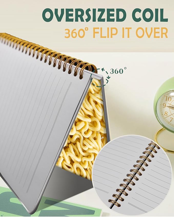 Ruled Spiral Writing Notebook,A5 Hardcover Lined College Journal for Women,Strong Twin-Wire Binding with Premium Paper,8.4" X 6",Perfect for School,Office,Home(Realistic Noodles)