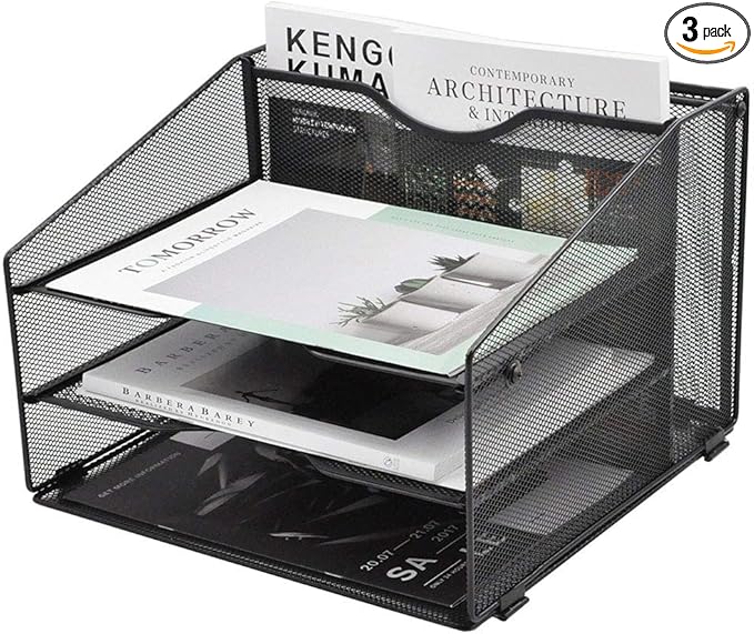 EASEPRES Mesh Desktop File Organizer, Document Mail Desk Folder Holder with 3 Paper Letter Tray and 1 Vertical Upright Compartment for Office Supplies, Desk Accessories & Workspace, Black