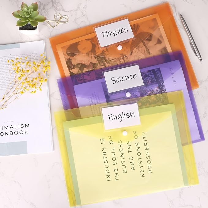 EOOUT 48pcs Plastic Envelopes Poly Envelopes, Clear Document Folders with Snap Button Closure, Letter Size, A4 Size with Label Pocket for School Home Work Office Organization, 8 Colors