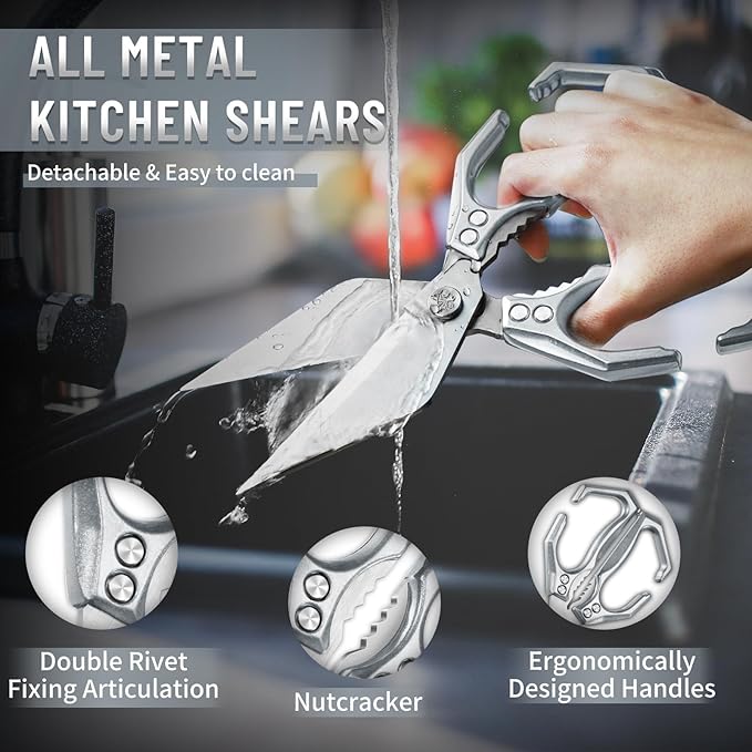 Dream Reach Heavy Duty Poultry Shears Kitchen Scissors Dishwasher Safe with Ergonomic Handle, Japanese High-Carbon Steel Cooking Shears for Chicken, Meat, Seafood, Bone Cutting (Silver)
