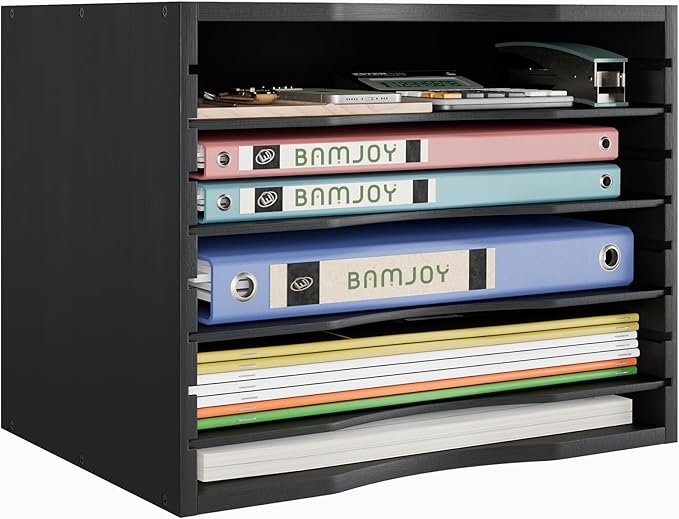 Bamjoy Wood 5 Tier Desktop Organizer, Paper Organizer Mail Sorter, File Holder Letter Document Storage with Adjustable Shelves for School Home Office, Black
