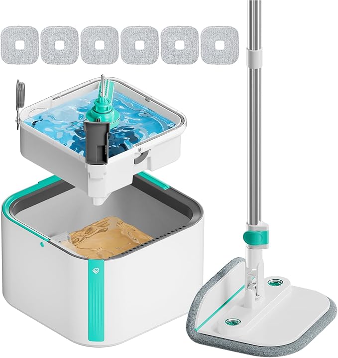 Upgraded Spin Mop and Bucket System Set, Self Separate Clean and Dirty Water, Foldable Square Standing Mop Head with Microfiber Mop Pads, Detachable Bucket (White+Blue, Mop Set with 6PC Pads)
