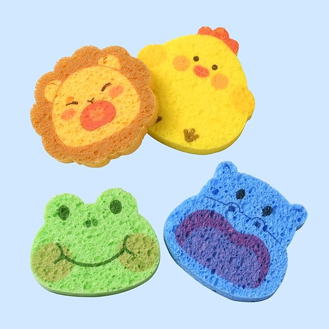 4 PCS Lovely Animal Bath Sponge for Kids,Cute Colorful Cartoon Shape Compressed Cellulose Shower Sponges for Baby,Soft and Funny(Hippo+Frog+Lion+Chicken)