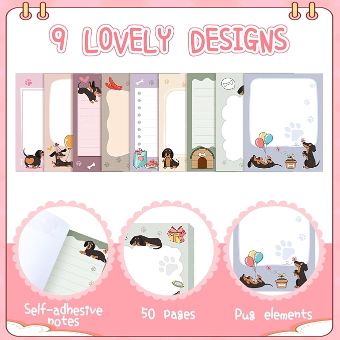 Sabary 9 Pads Cute Sticky Notes Animal Sticky Note Pads 3.15 x 3.94 Inches Colored Adhesive Memo Reminder Decor for Journal School Office Gifts(Dachshund)